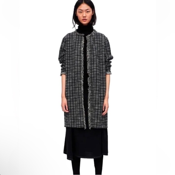 Zara Women’s Tweed Open Front Mid Length Oversized Fringe Jacket​​​ - Picture 1 of 7